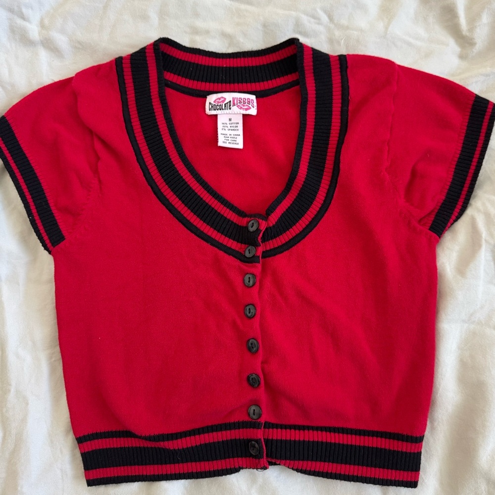 Red cropped button down sweater top size medium